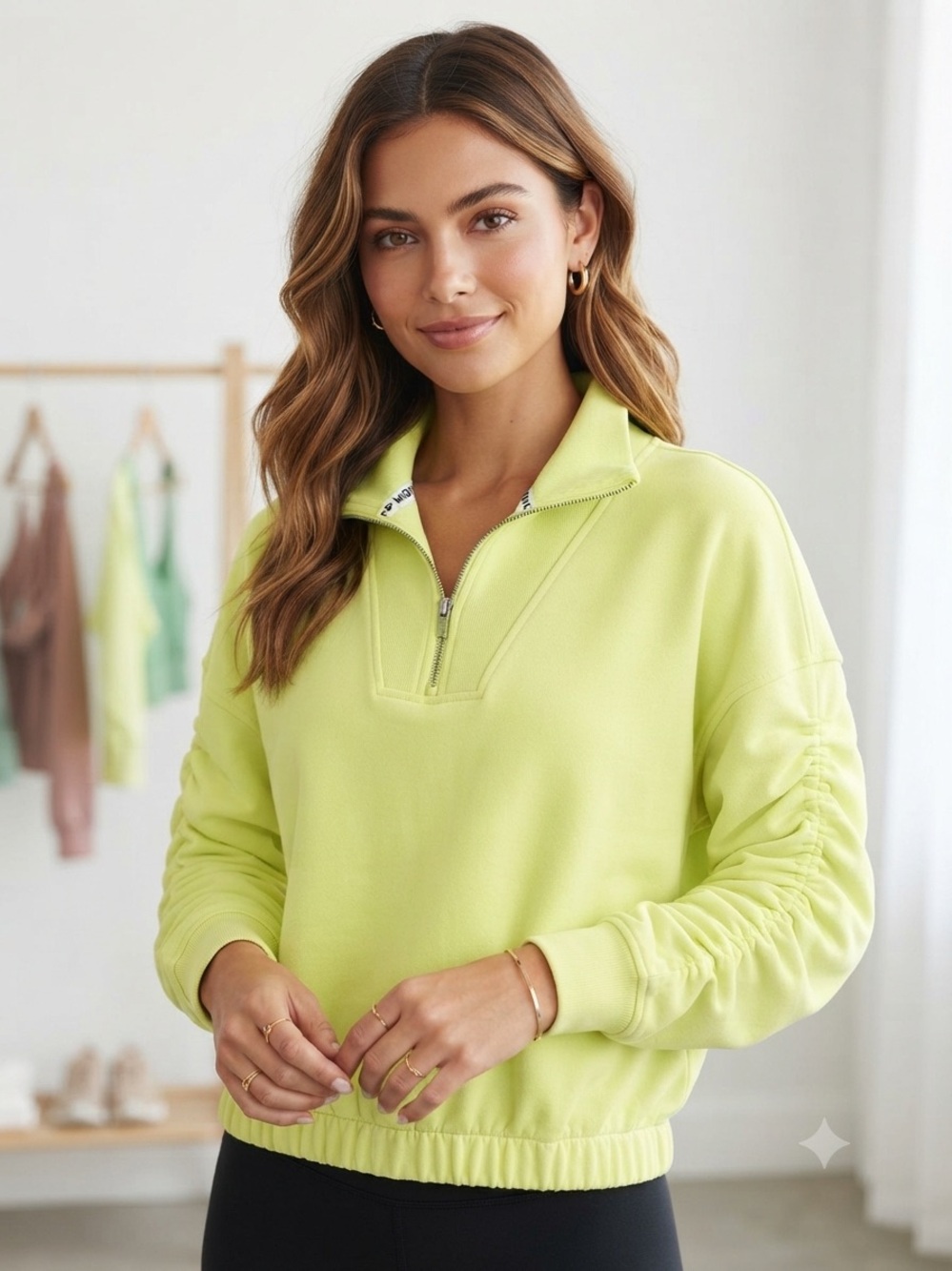 Free People Lime Green Half-Zip Pullover Sweatshirt